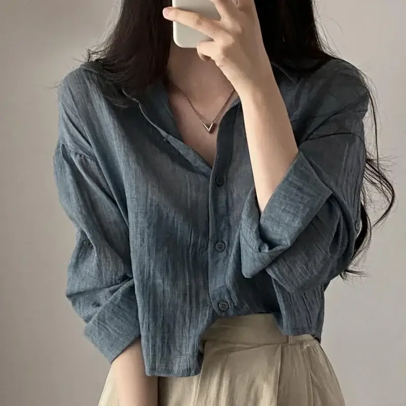 Trendy Shirt Blouse Simple Thin Pure Color Anti-UV...
