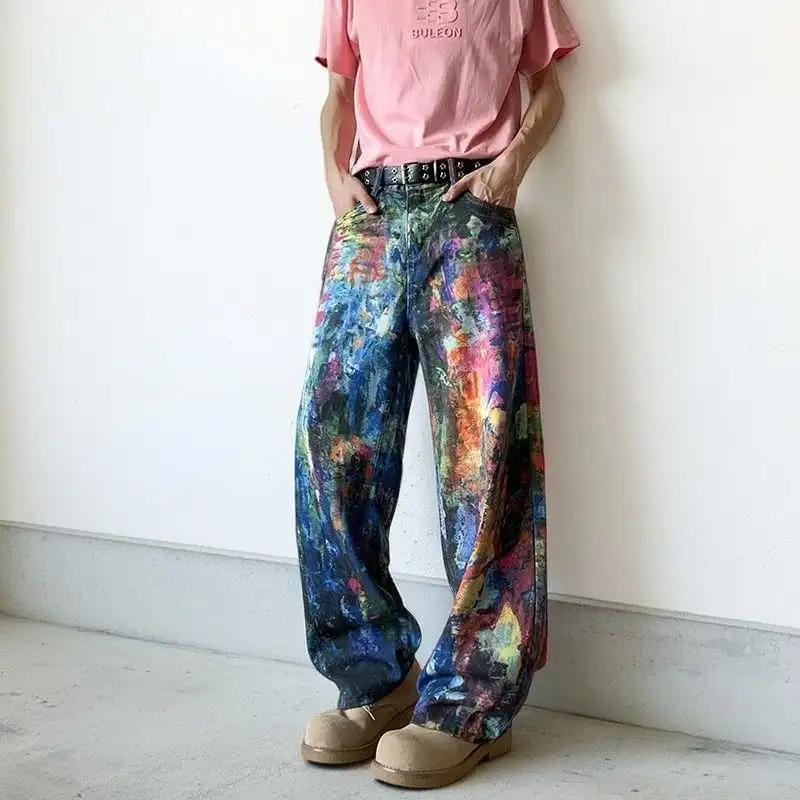 Stylish Loose-Fitting Wide-Leg Denim Printed Pants