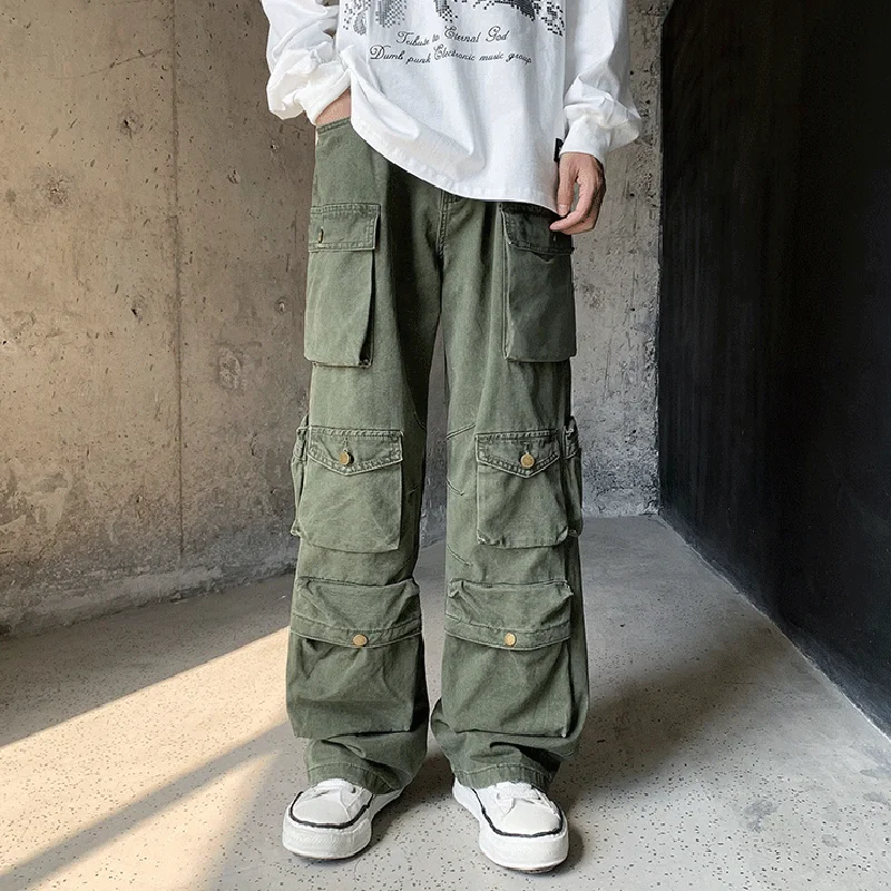 Stylish Multi Pocket Loose Trousers For Men's Streetwear Vintage Solid Color Straight Cargo Pants Men Casual Baggy Trouser