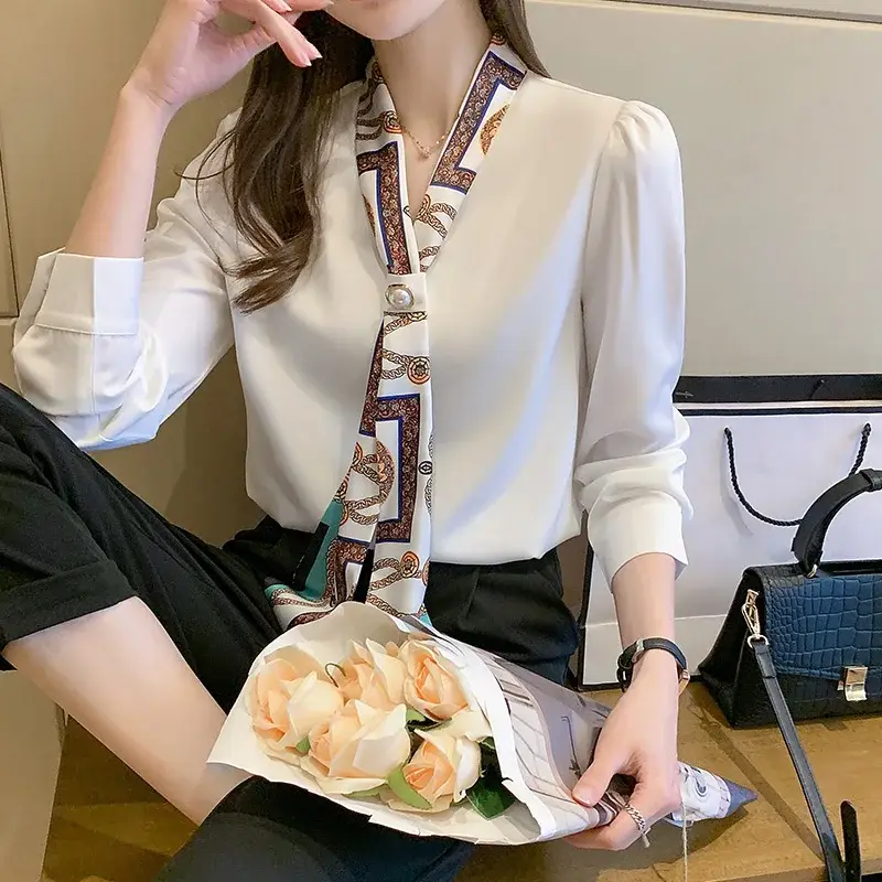 Elegant Fashion Office Lady Bow Solid Shirts Women...