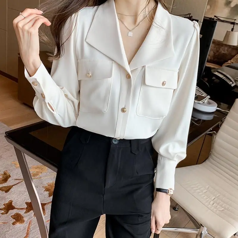 Women Blouses Shirts Lady Casual Turn-down Collar ...