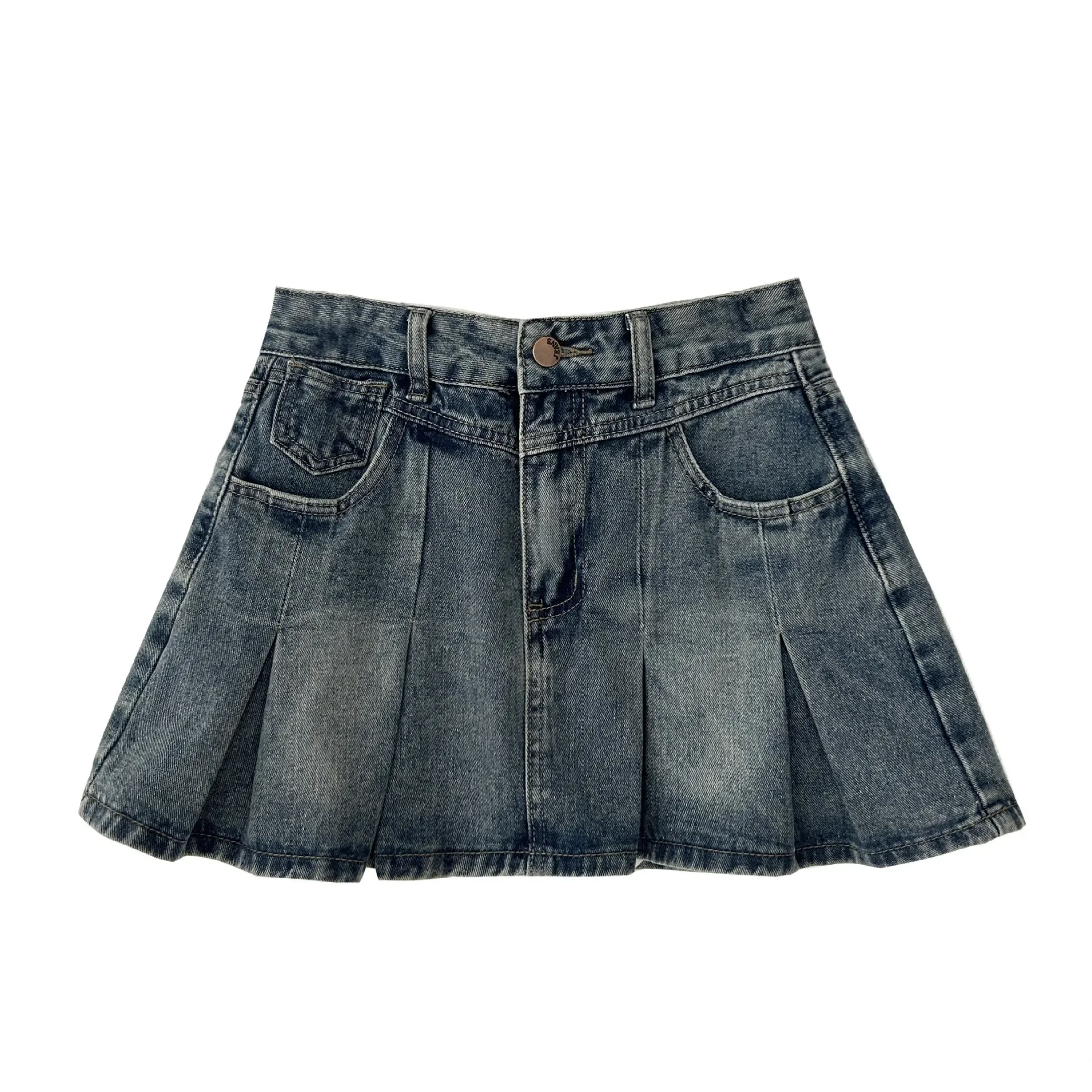 High Waist Pleated Denim Mini ...