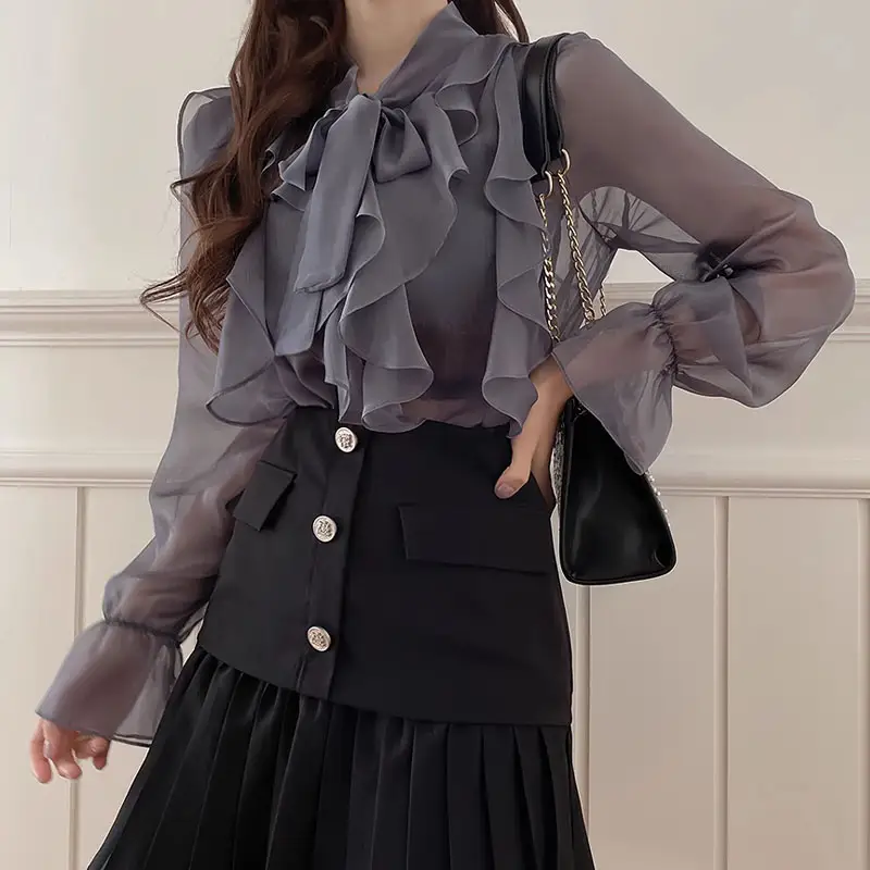 Blouse Women Office Lady Fashion Tops Sweet Bow Sh...