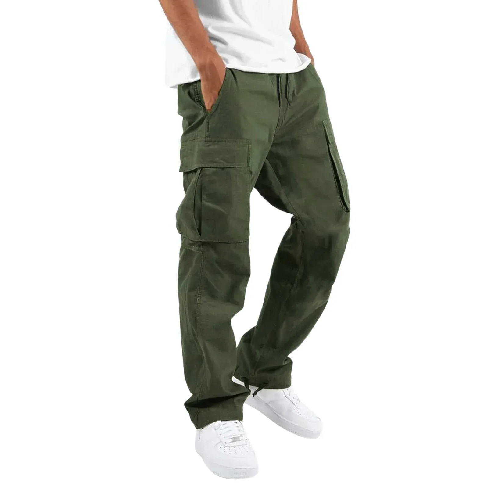 Solid Cargo Pants Trousers for Men Full Length Casual Loose Drawstring Pockets Pants