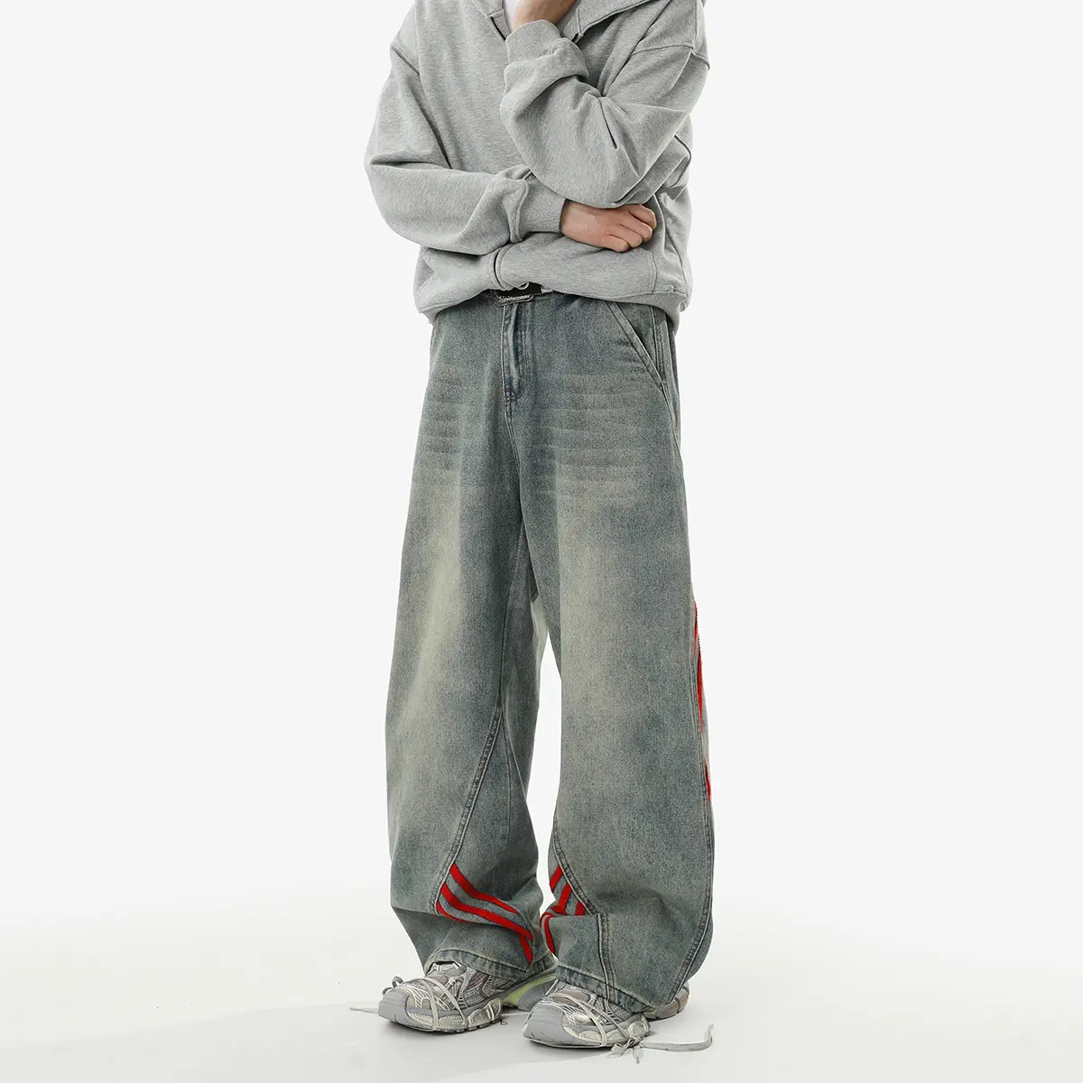 Retro Loose-Fitting Striped Wide-Leg Jeans