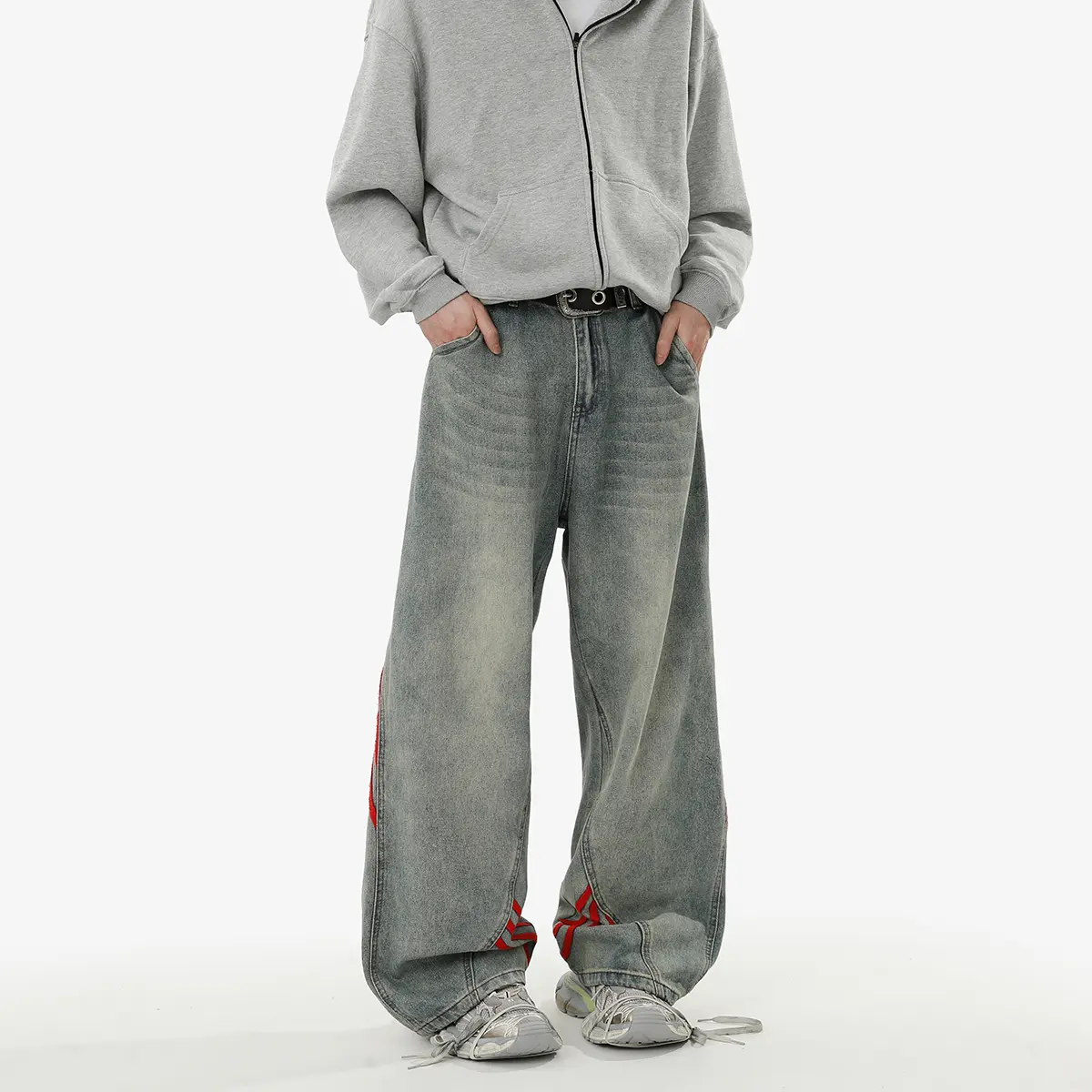 Retro Loose-Fitting Striped Wide-Leg Jeans