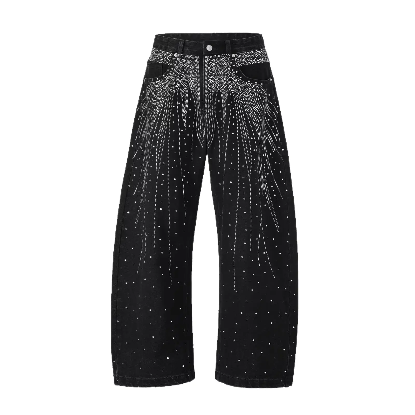 Retro Rhinestone Design Loose-Fitting Wide-Leg Jea...