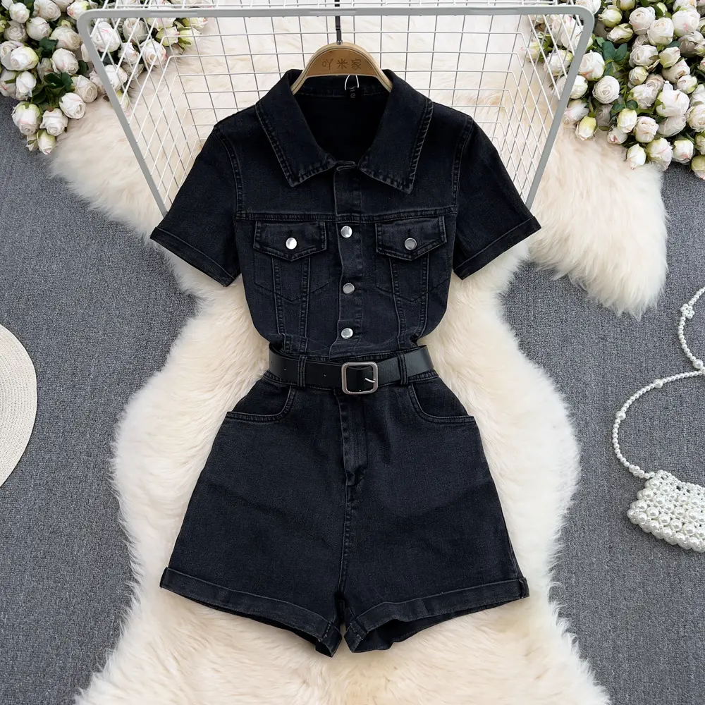 Women's Collared Single-Button Fitted Denim Jumpsuit