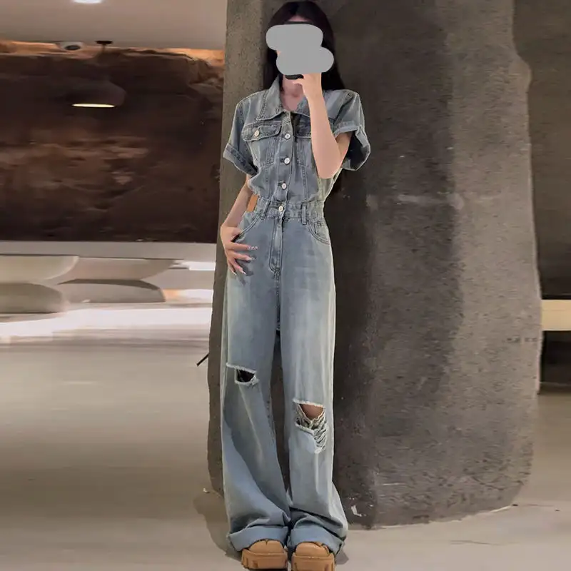Retro American Denim High-Waisted Jumpsuit