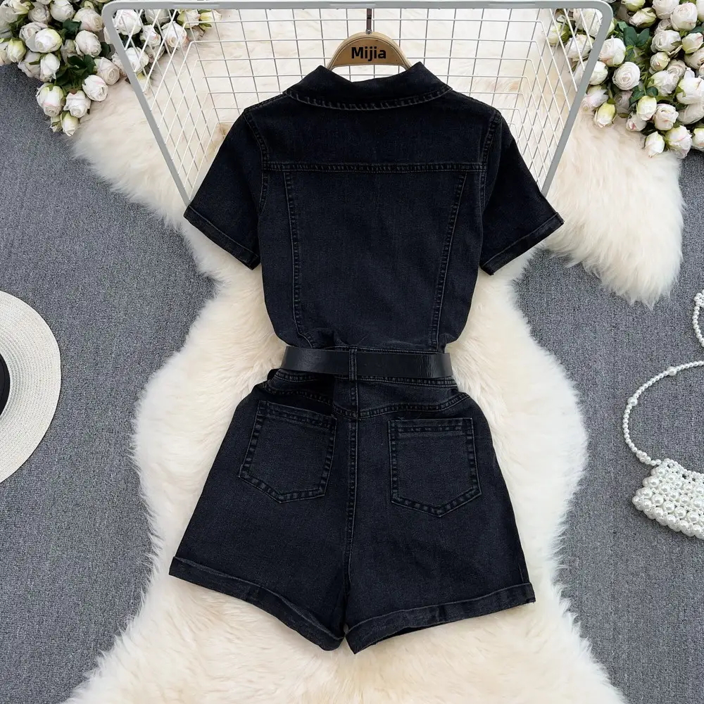 Women's Collared Single-Button Fitted Denim Jumpsuit