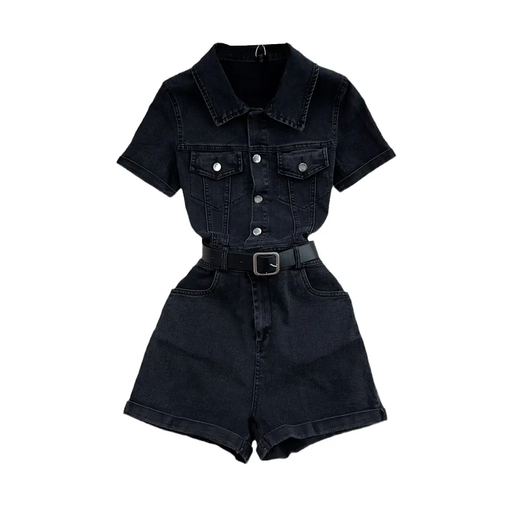 Women's Collared Single-Button Fitted Denim Jumpsu...