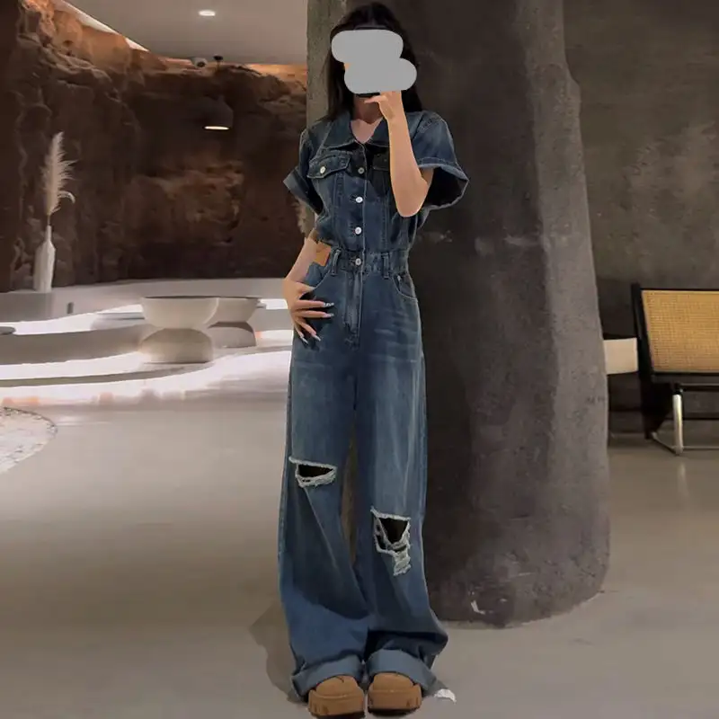 Retro American Denim High-Waisted Jumpsuit