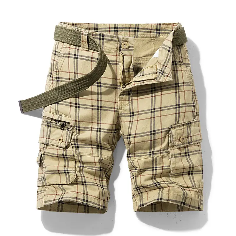 Men Cotton Plaid Casual Shorts Jogger Loose Tooling Shorts