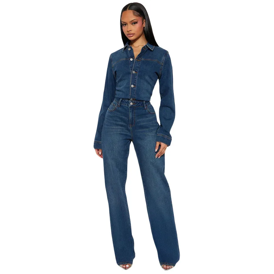 Women's Denim Jumpsuit With A Lapel And High Waist