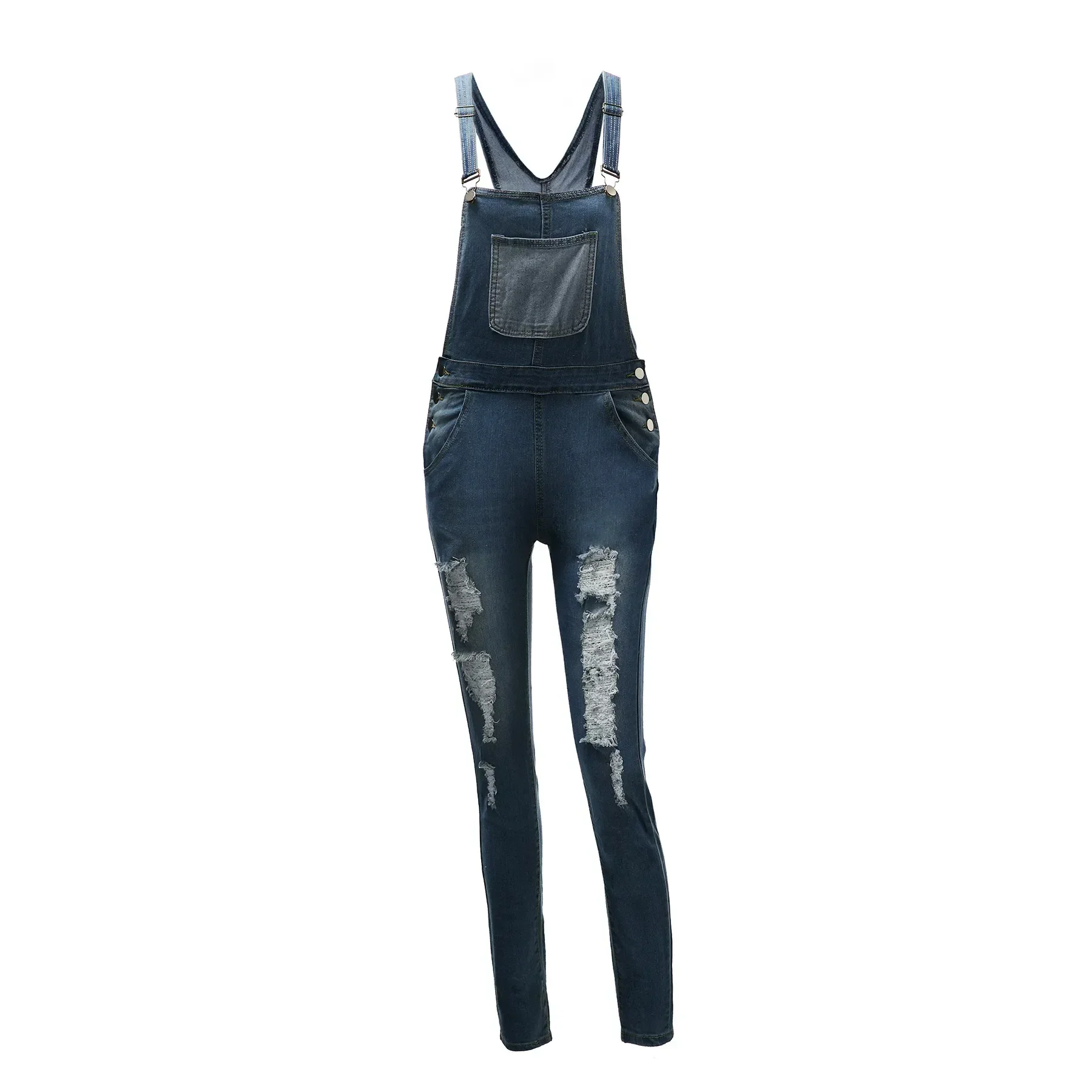 Women's Denim Overalls With Ripped Skinny Jeans