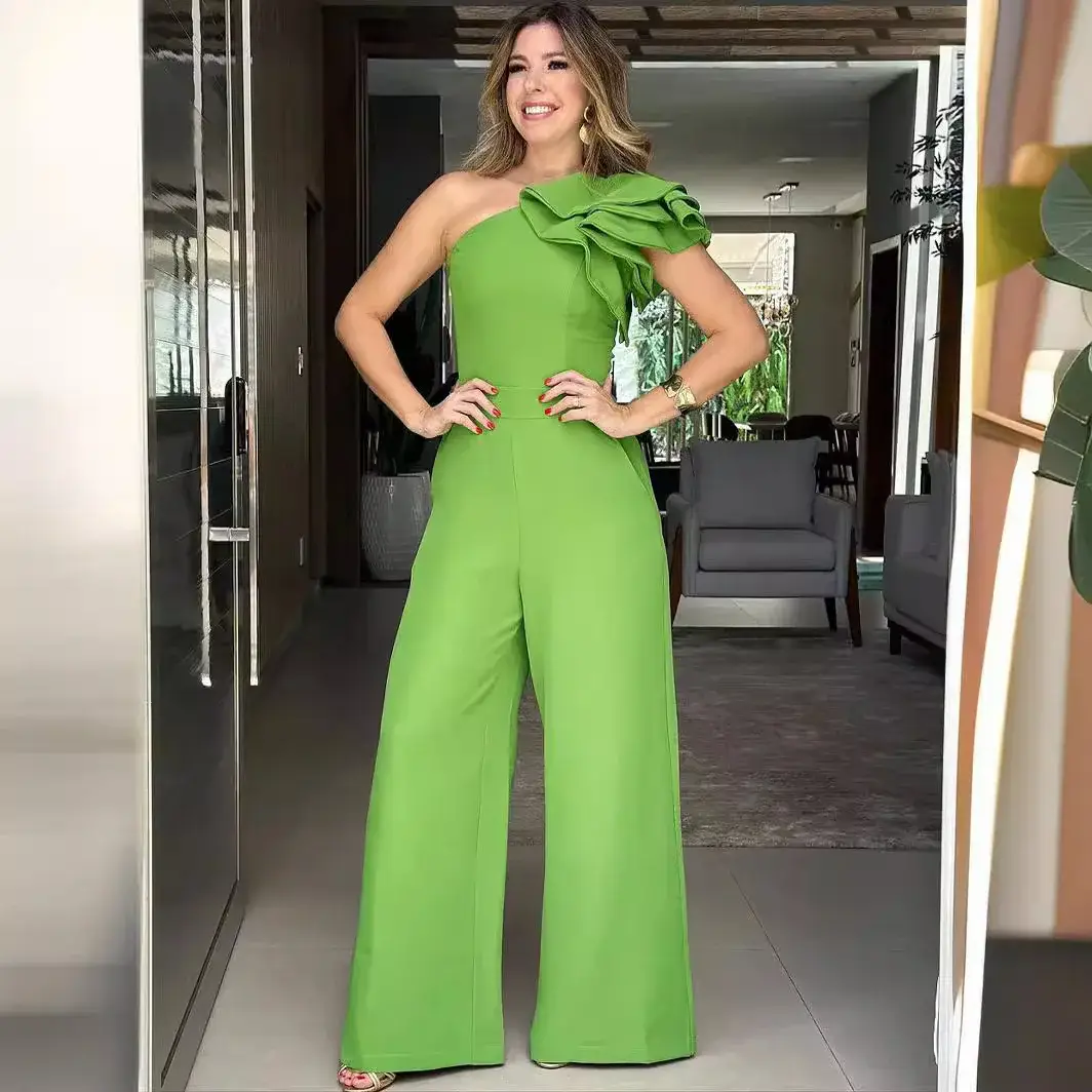 Solid Color Women's Jumpsuit One-Shoulder Loose Fit Fashionable Street Style