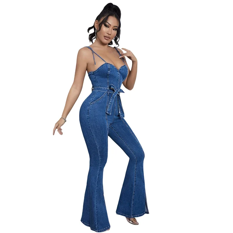 Street Style Denim Jumpsuit Flared Pants