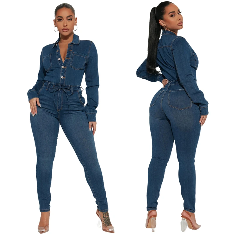 Street Style Denim Jumpsuit With Lapel And Slim Fit