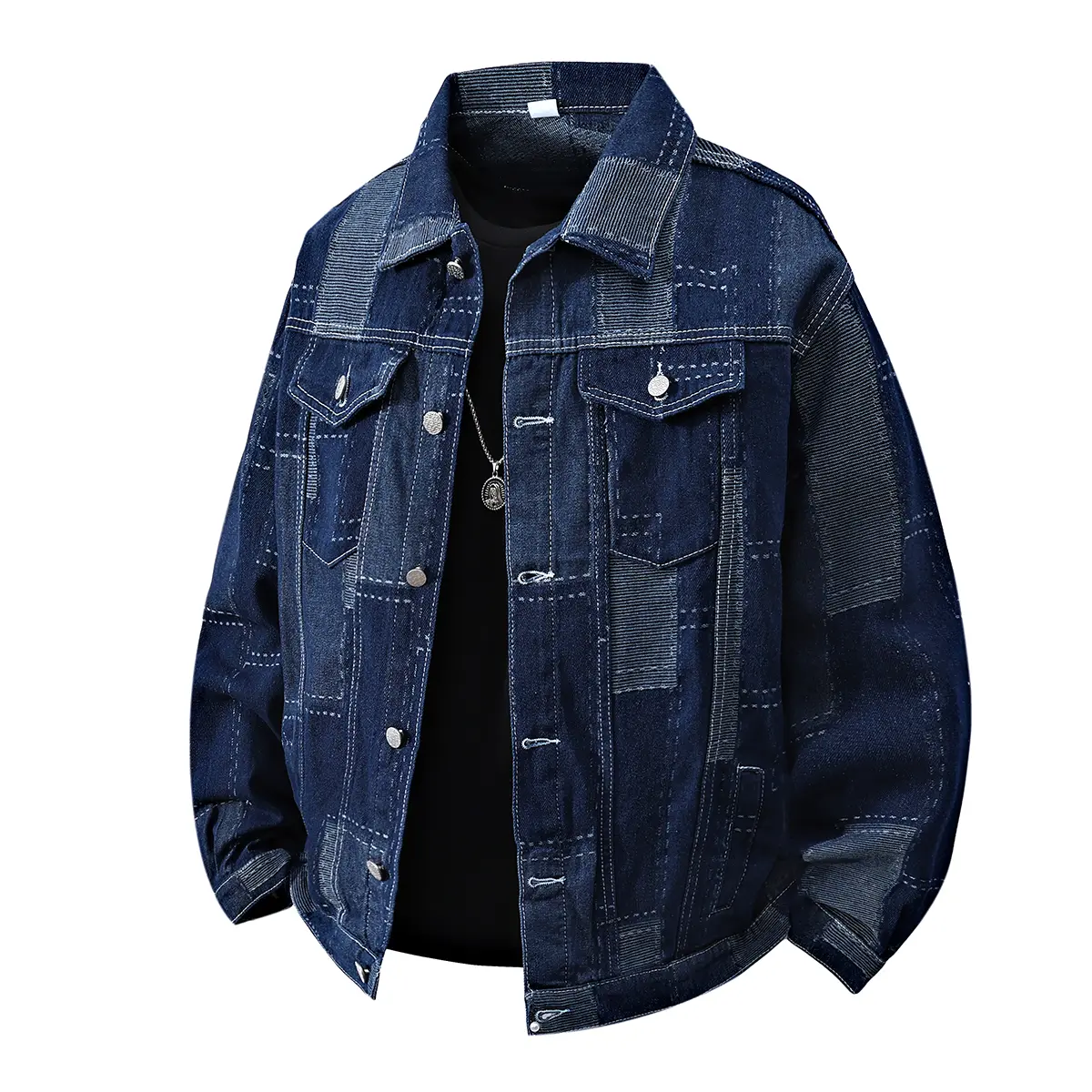 Men's Denim Jackets Fashion Patchwork Loose Outerwear Men Turn Down Collar Denim Coats