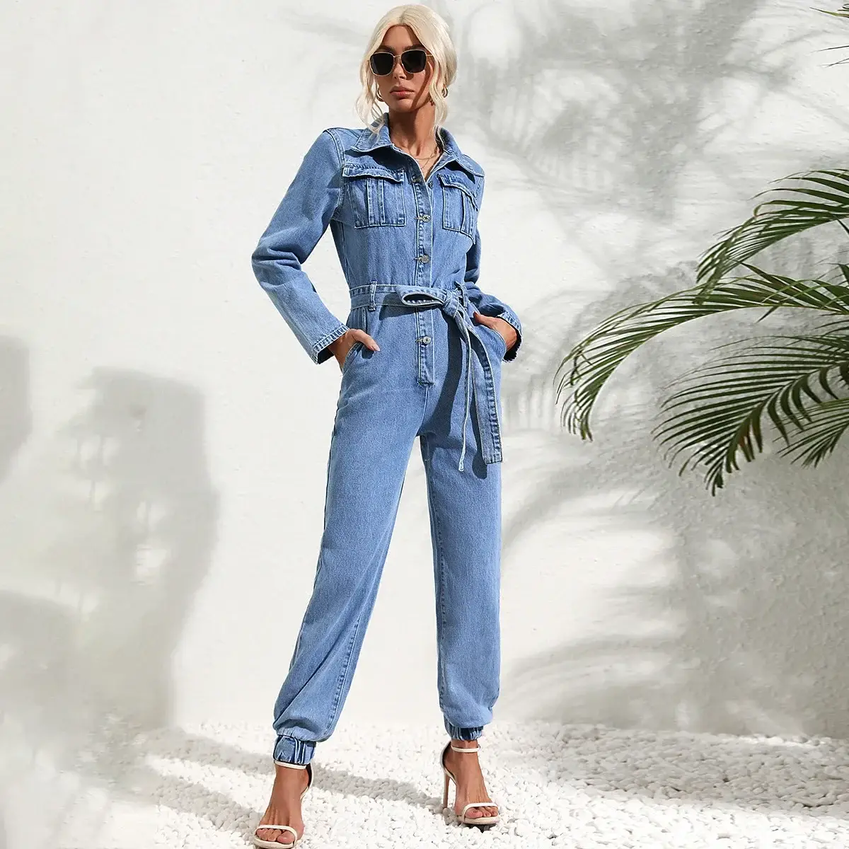 Women's Denim Jumpsuit With Collar And Long Sleeve...