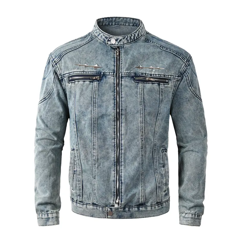 Men Jacket Stand Collar Denim Jacket Zipper Coats