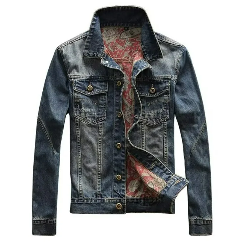 Men Denim Coat Turn Down Collar Single-Breasted Male Jacket Slim Washed Blue Long Sleeve Outerwear