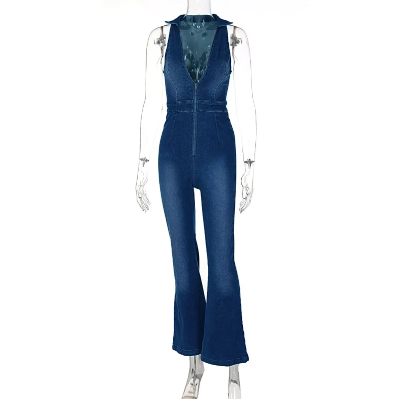Denim Jumpsuit Sleeveless Slim-Fitting Bodycon Jum...