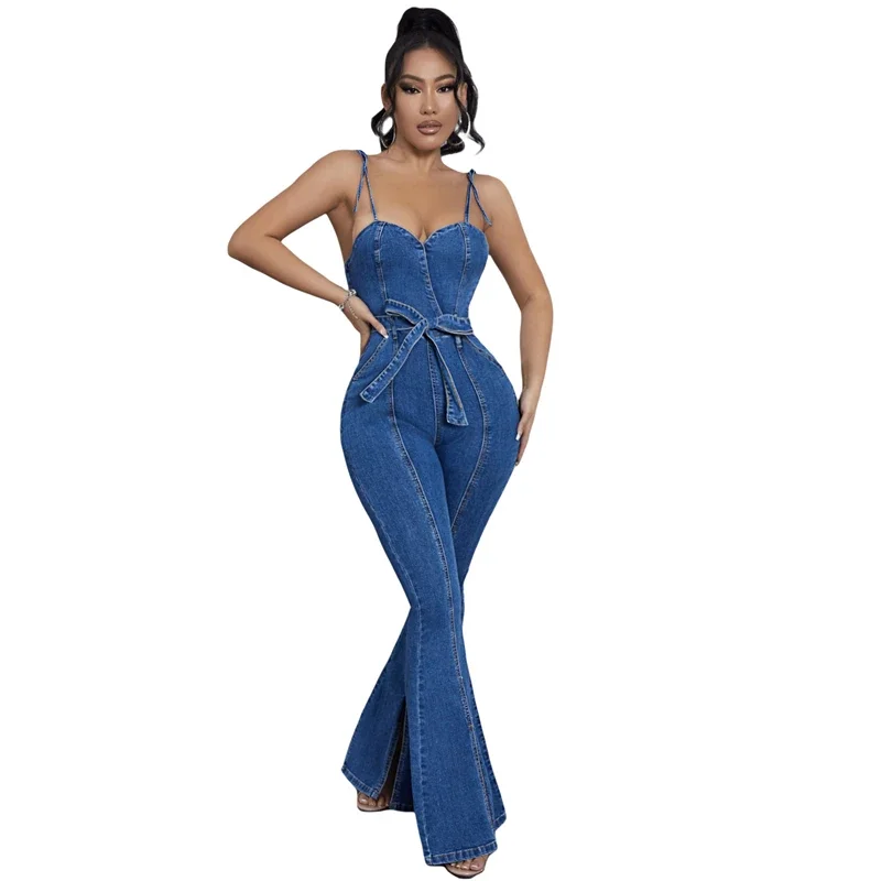 Street Style Denim Jumpsuit Flared Pants