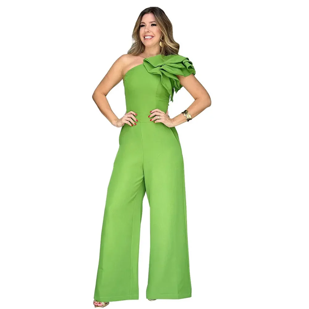 Solid Color Women's Jumpsuit One-Shoulder Loose Fi...