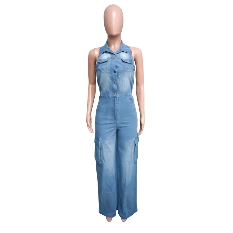 Stylish Collared Sleeveless Backless Denim Jumpsuit