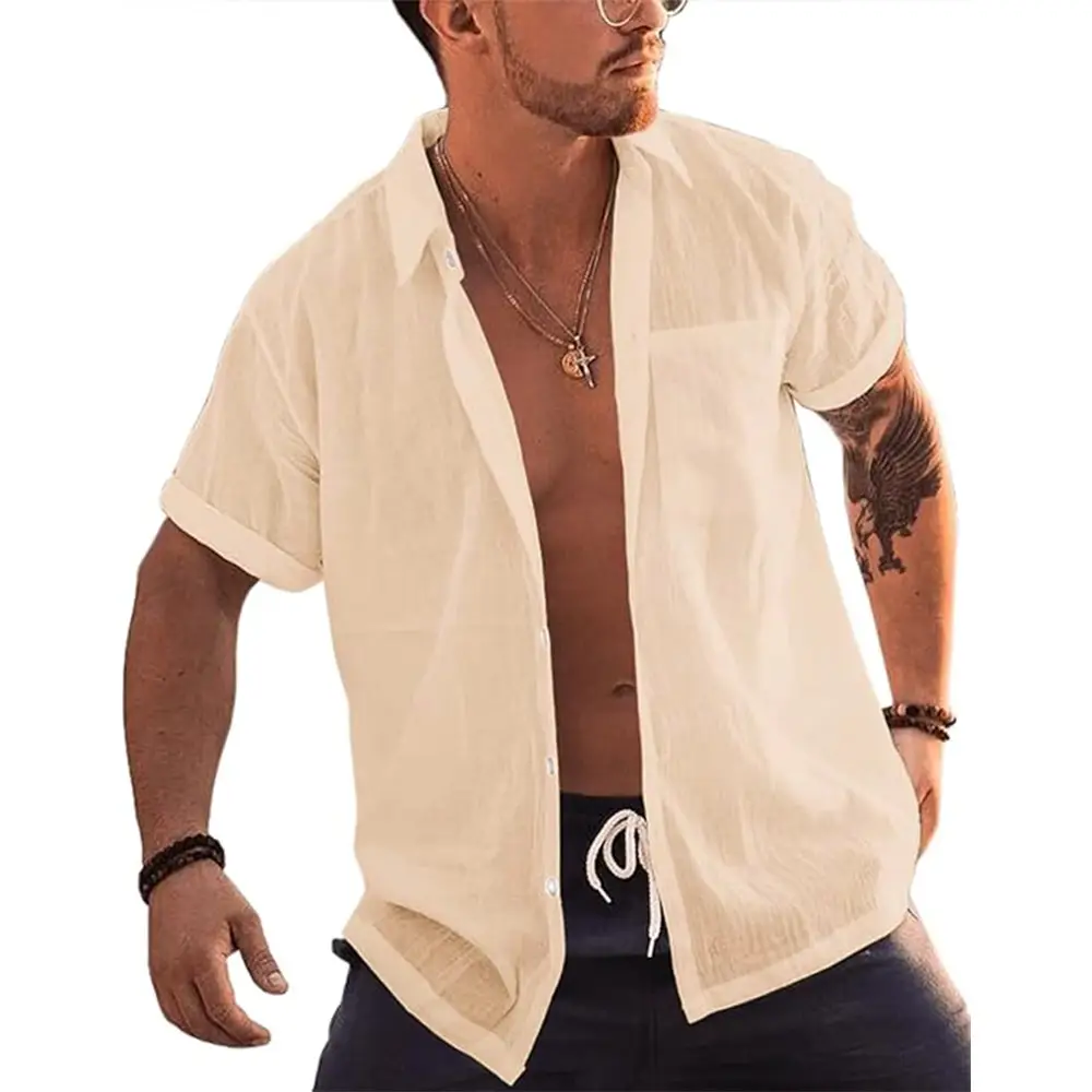 Men Short Sleeve Button Up Shirts Beach Tops Turn Down Collar Summer Shirt with Pocket