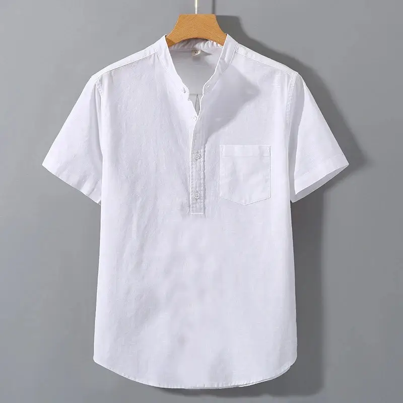 New Men Short Sleeve Shirts Solid Color Stand Up Collar Shirt