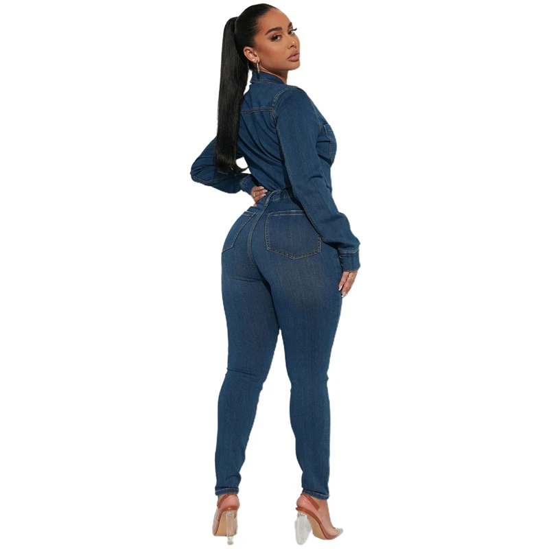 Street Style Denim Jumpsuit With Lapel And Slim Fit