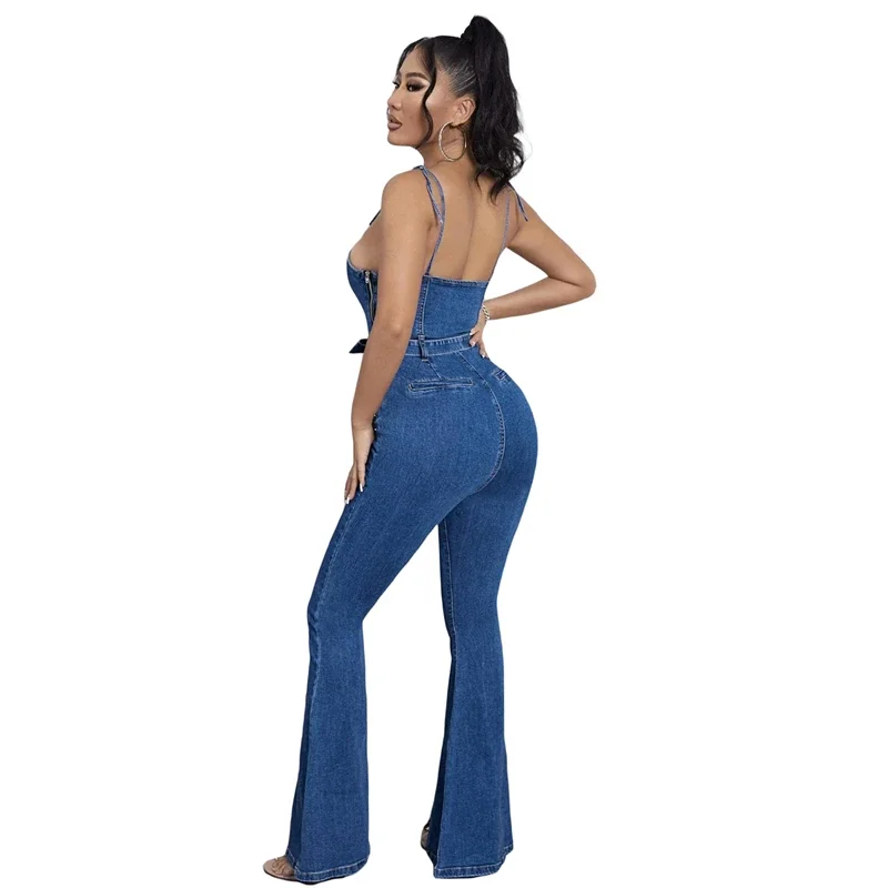 Street Style Denim Jumpsuit Flared Pants