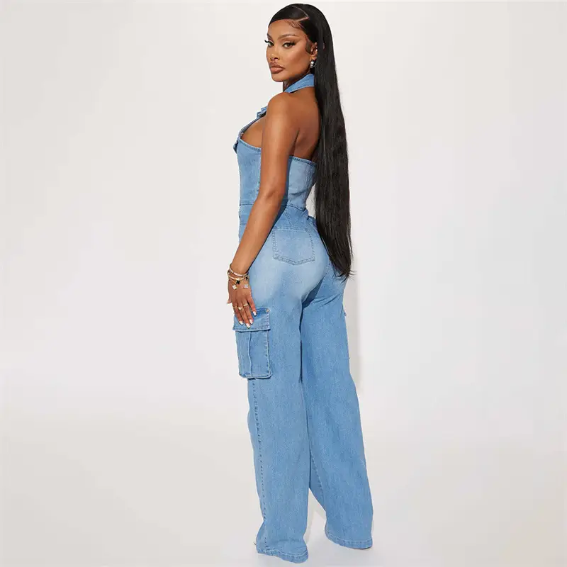 Stylish Collared Sleeveless Backless Denim Jumpsuit