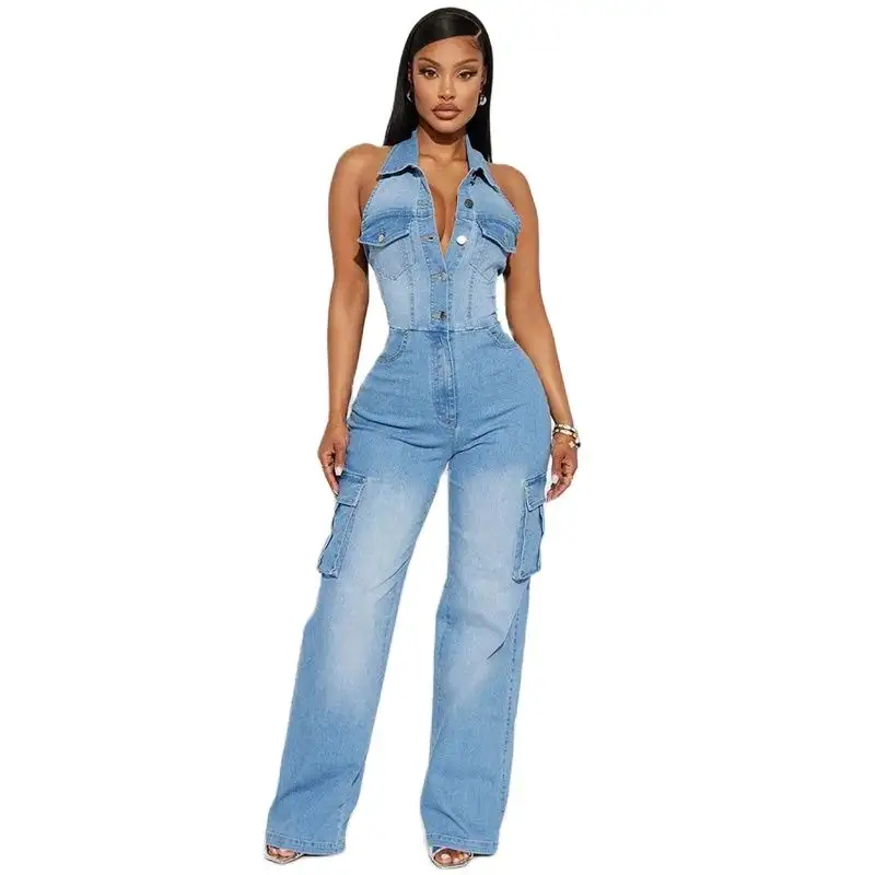 Stylish Collared Sleeveless Backless Denim Jumpsui...