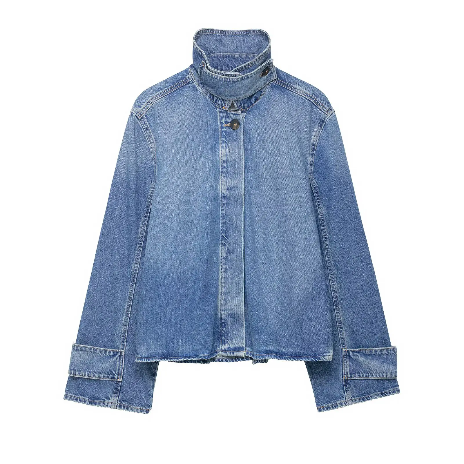 Women's Clothing Hidden Button Long Sleeve Denim C...
