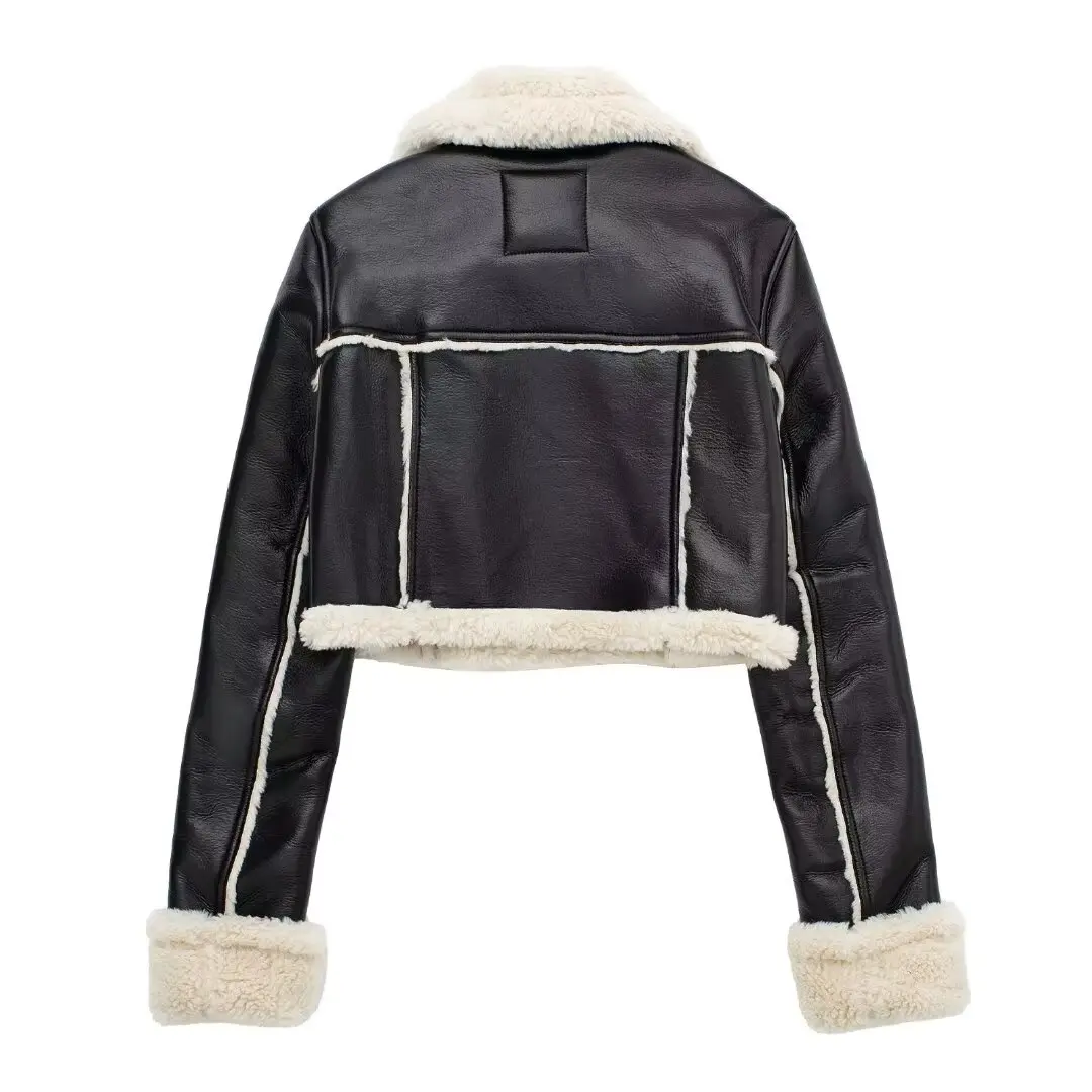 Women Faux Leather Thicken Short Jacket Vintage Front Zipper Lapel Long Sleeve Coat