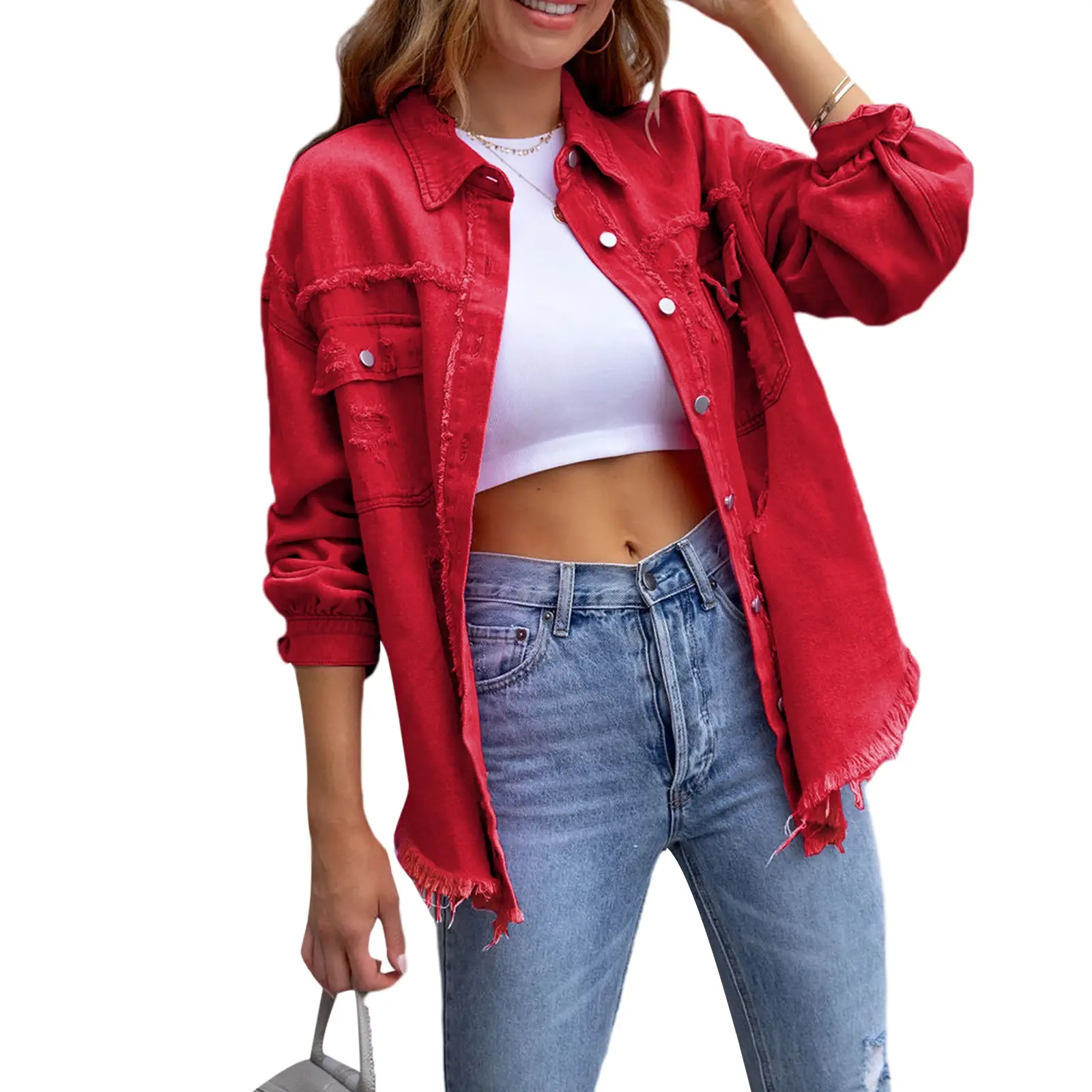 Women's Ripped Distressed Denim Jackets Long Sleeve Button Down Jacket Coats