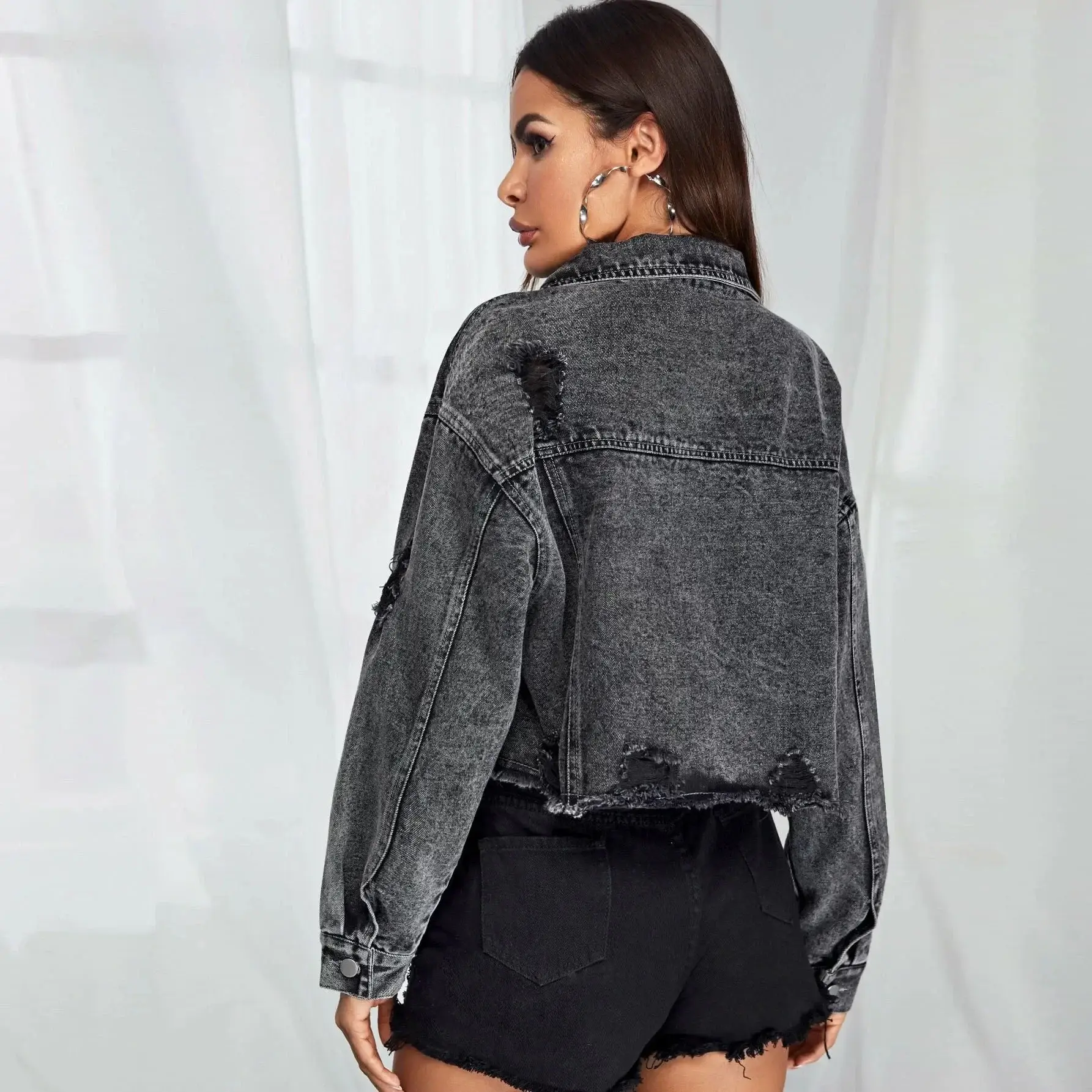 Women's Jeans Jacket Fashion Burr Hole Denim Coats