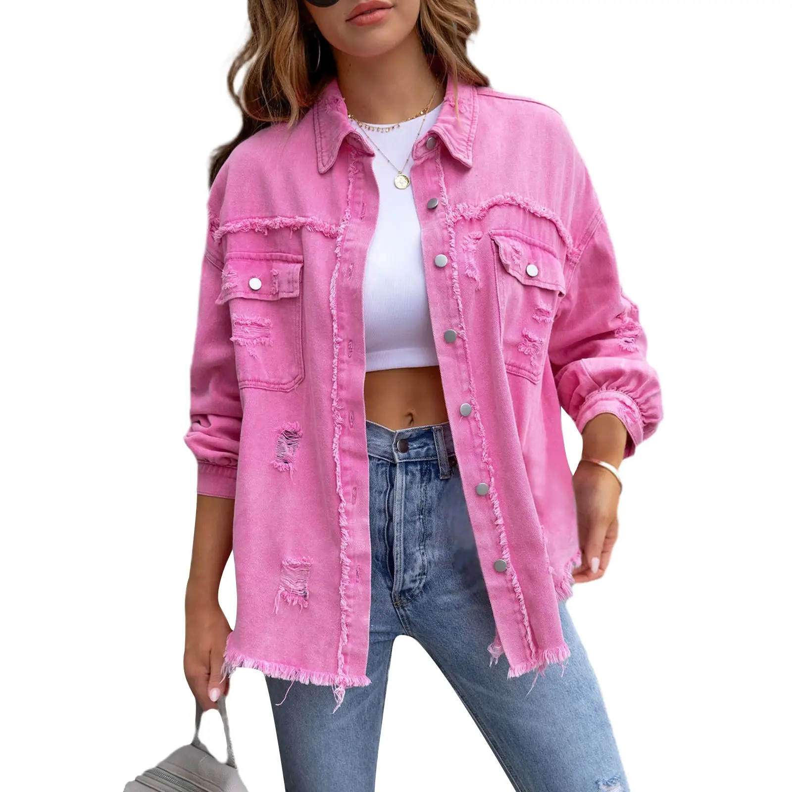 Women's Ripped Distressed Denim Jackets Long Sleeve Button Down Jacket Coats
