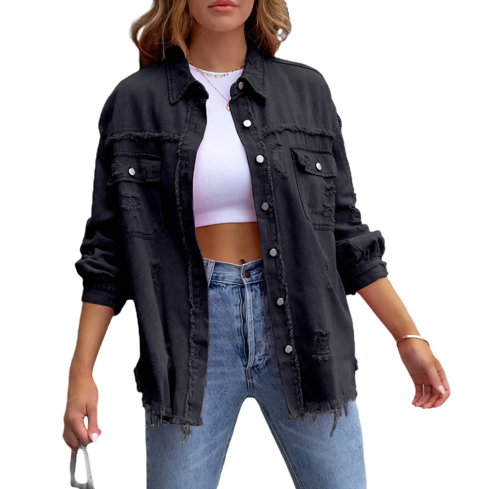Women's Ripped Distressed Denim Jackets Long Sleev...