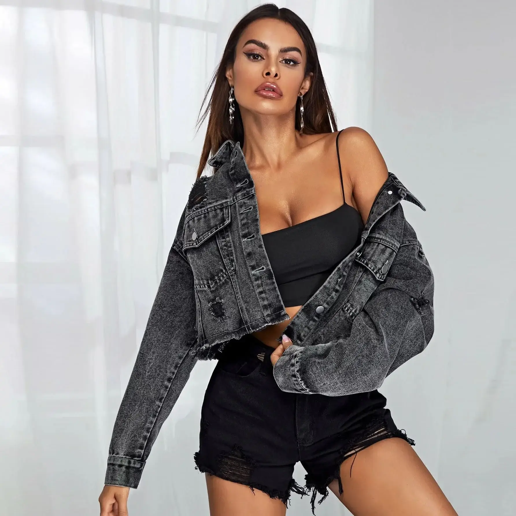 Women's Jeans Jacket Fashion Burr Hole Denim Coats