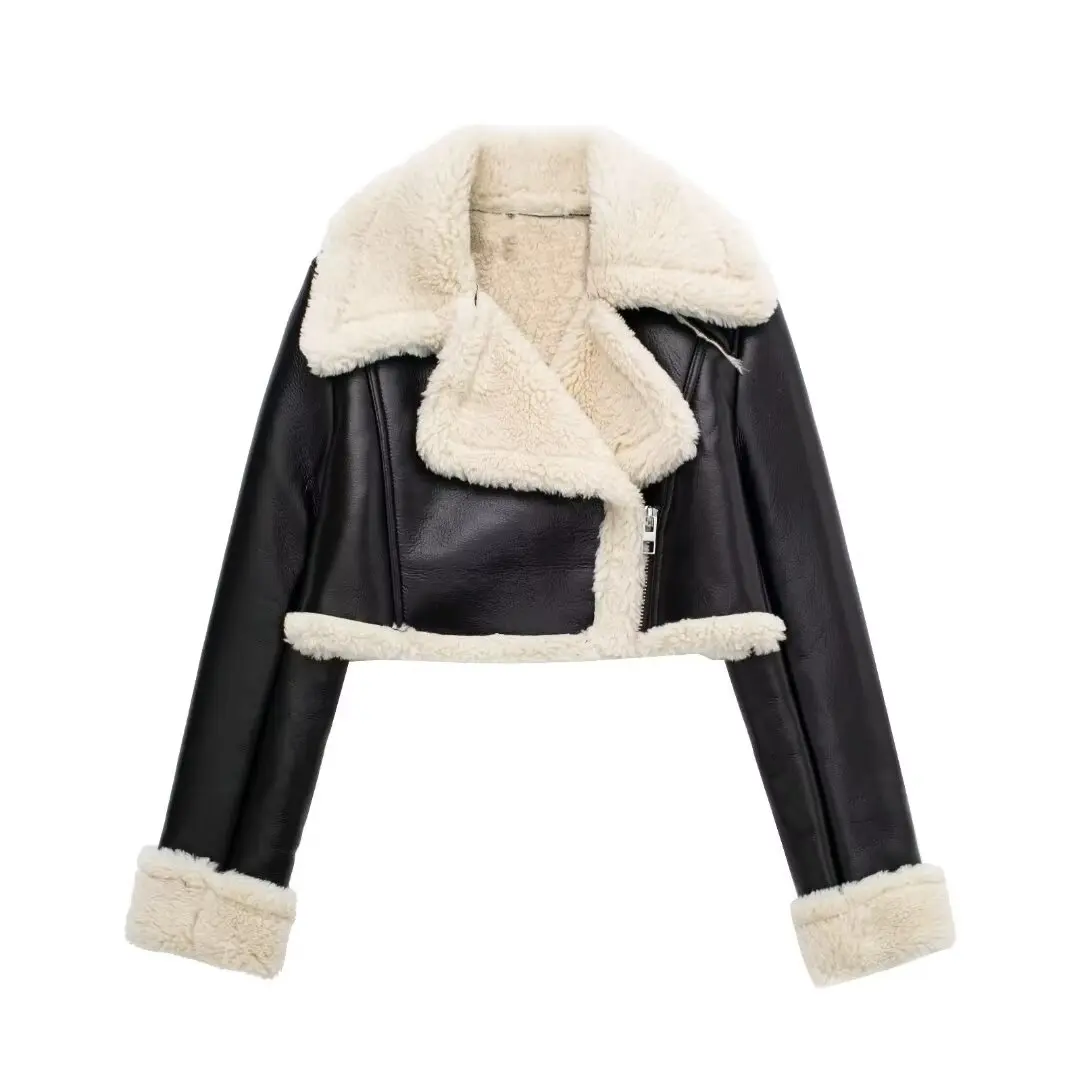Women Faux Leather Thicken Short Jacket Vintage Fr...