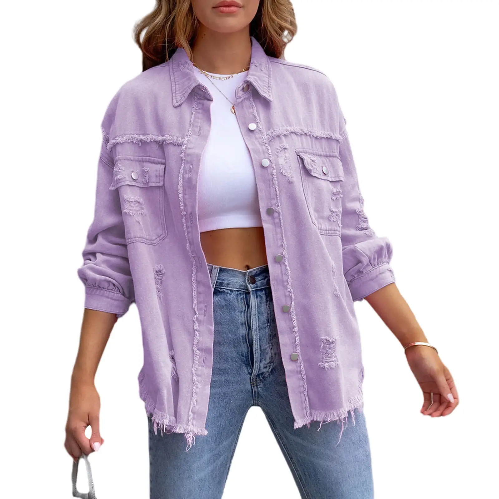 Women's Ripped Distressed Denim Jackets Long Sleeve Button Down Jacket Coats