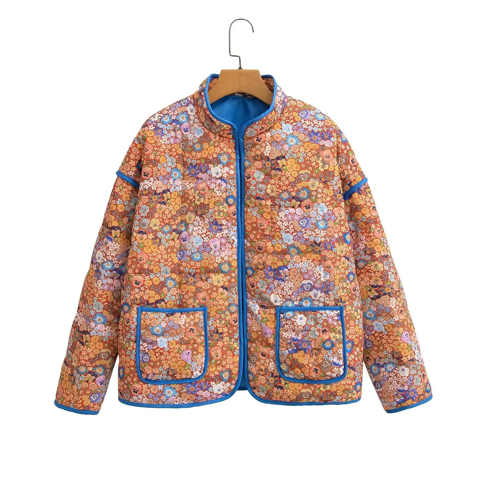 Women Casual Flower Print Stand Collar Jacket Pocket Long Sleeve Female Coat