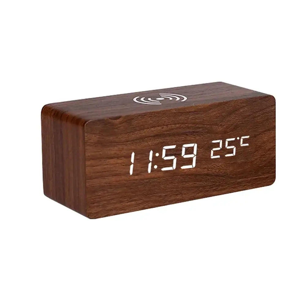 Modern Wood Digital LED Desk Alarm Clock Thermometer Wireless Charger