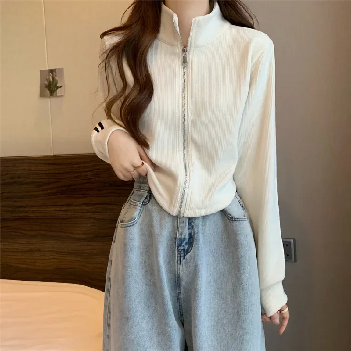 Stand Collar Corduroy Cropped Zipper Long Sleeve Thin Jacket For Women