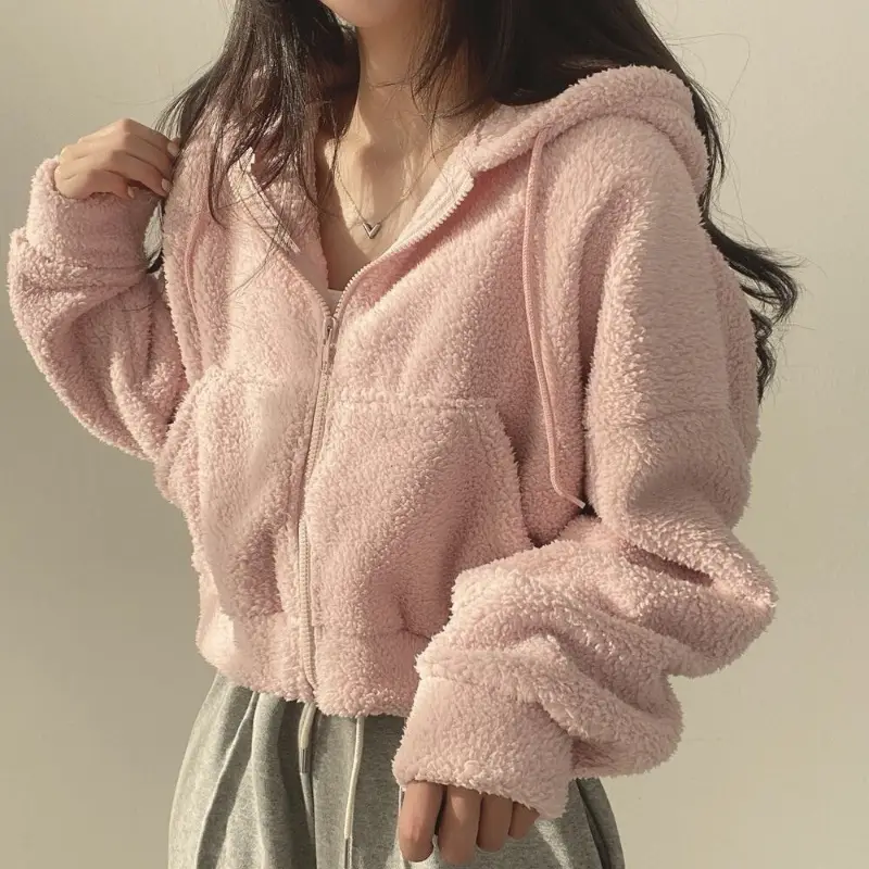 Women Thicken Warm Fleece Hoodie Zipper Drawstring Short Coat Jacket