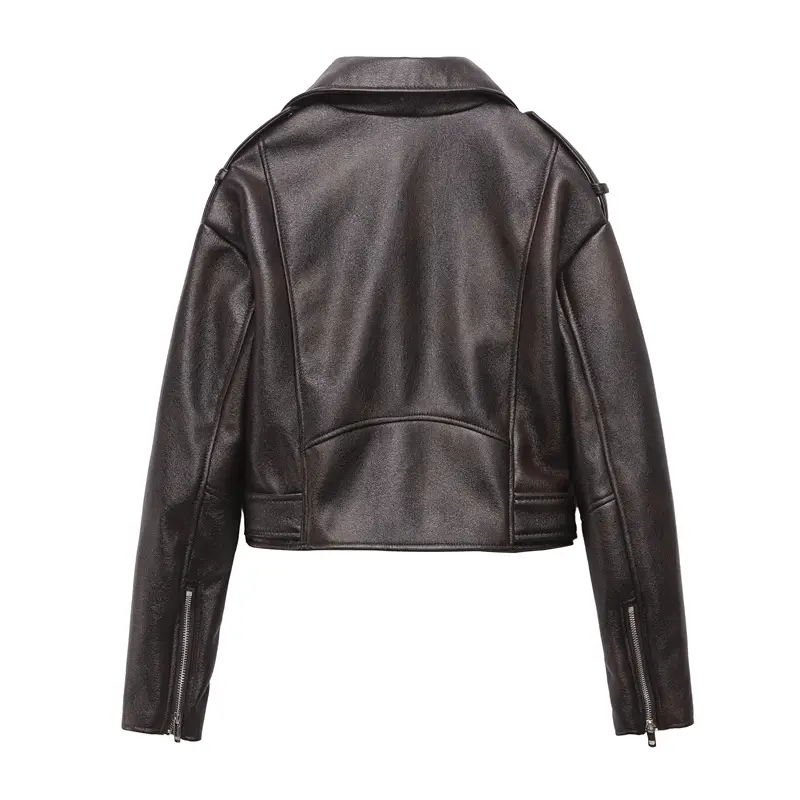 Women's Leather Jacket Short Coat with Downgraded Zipper